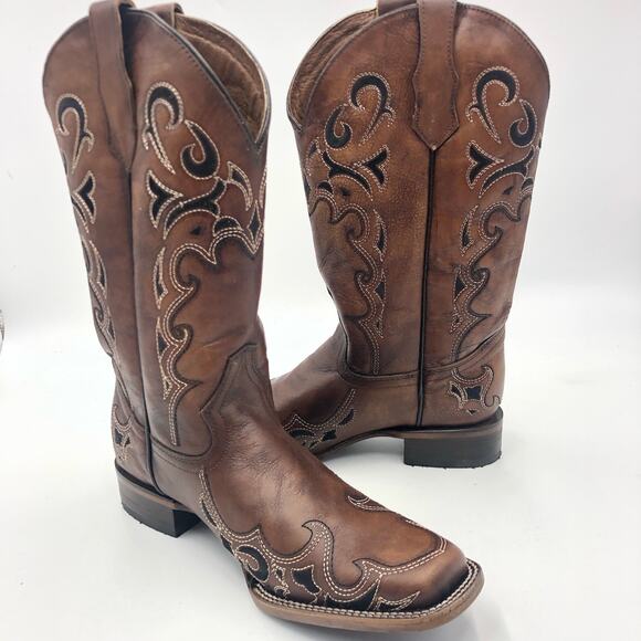 Circle G by Corral  Brown/Black Embroidery Square Toe Boots Size 11 - Picture 10 of 11